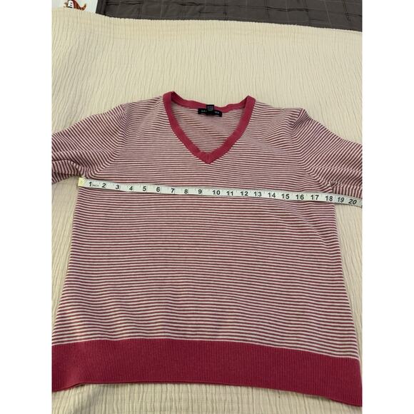 LANDS END Cotton Sweater L Pink/white Striped V-neck Pullover Sz M 10-12 - Picture 6 of 8